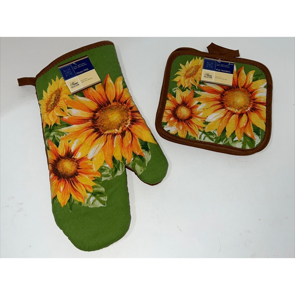 Pot Holders & Oven Mitt NWT Novelty Sunflower Print Set Home Collection NEW A39